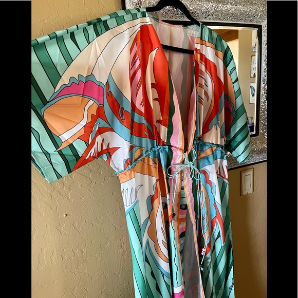 Bohemian Emerald Hippie Print Summer Beach Slit Maxi Dress In Green Mixed Media - Picture 6 of 6